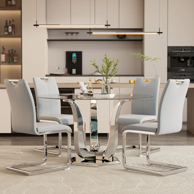 47.2" Round Glass Dining Table Set For 4, 5 Piece Clear Glass Kitchen Table With Silver Stainless Steel Base & 4 PU Leather Chairs