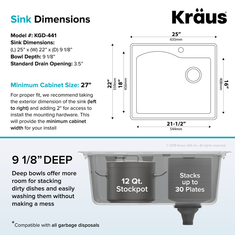 KRAUS Quarza™ 25" L Dual Mount Single Bowl Granite Kitchen Sink and Strainer, Black