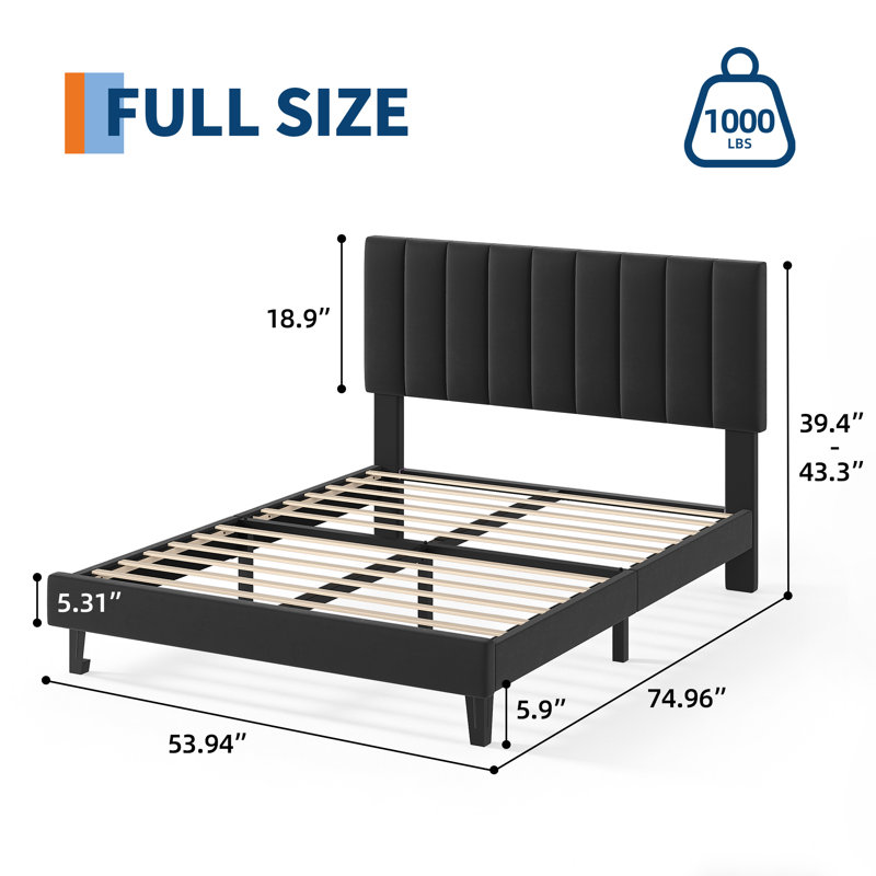 Full Size Black Suede Upholstered Platform Bed Frame with Adjustable Vertical Channel Tufted Headboard, Sturdy Wooden Slats, Noise-Free, No Box Spring Needed, Easy Assembly - Black