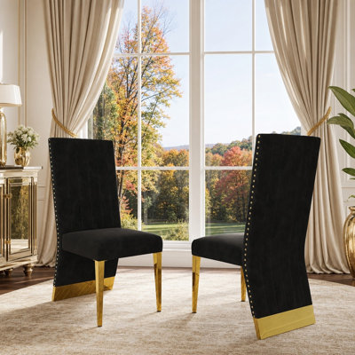 Velvet Dining Chairs，Black And Gold Dining Room Chairs With Stainless Steel Legs，High Back And Nailhead Trim，Set Of 2