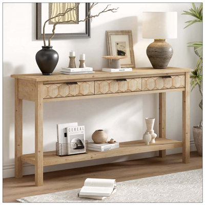 Table d'entrée 58,3 po en placage de sapin avec façades en nid d'abeille, console moderne élégante à 3 tiroirs et pieds en sapin massif