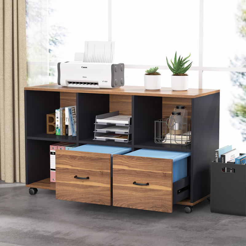 Dineke L-Shape Executive Desk with Cabinet Credenza, Brown/Black, 29.92" H x 55.12" W x 23.62" D