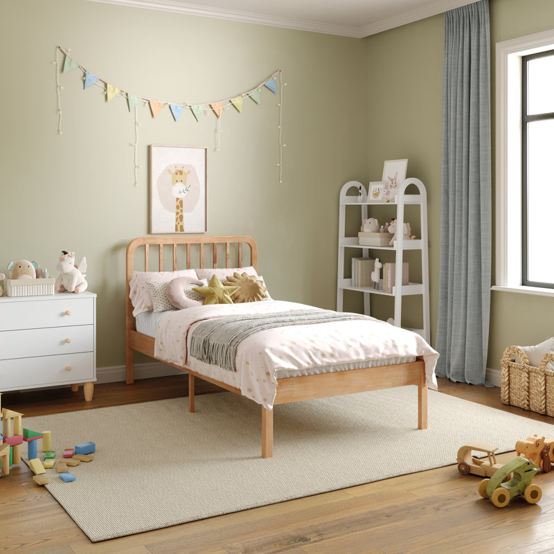 Aurey Wooden Platform Bed Frame With Slatted Headboard And Wood Slat Foundation, Tan, Twin