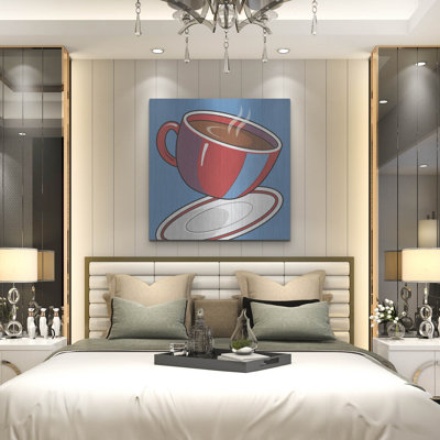 Art mural en métal luxueux «Red Coffee Cup On Blue» par Ron Magnes, 24 po x 24 po