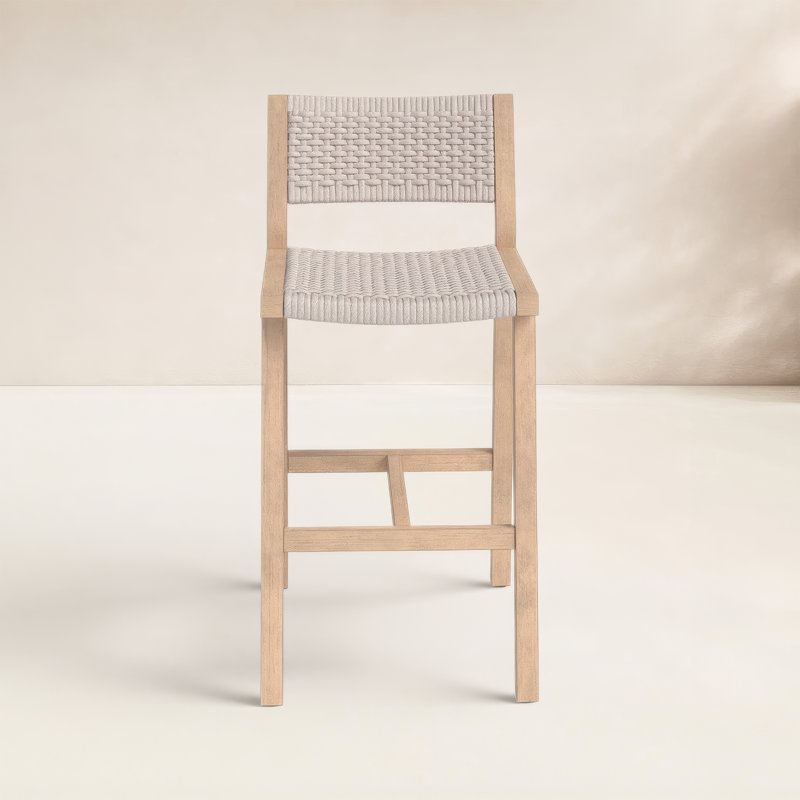 Delano Outdoor Teak Bar Stool, Washed Brown, Bar Stool (29" Seat Height), Gray Rope