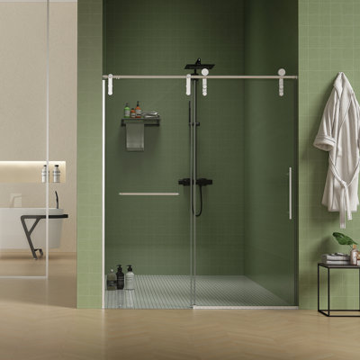 56"-60"W x 76"H Frameless Shower Door, Sliding Shower Door, Premium 5/16"(8mm) Thick Tempered Glass Shower Enclosure with Towel Bar ,Double Side Easy Clean Coat,Brushed Nickel Finished With Buffer