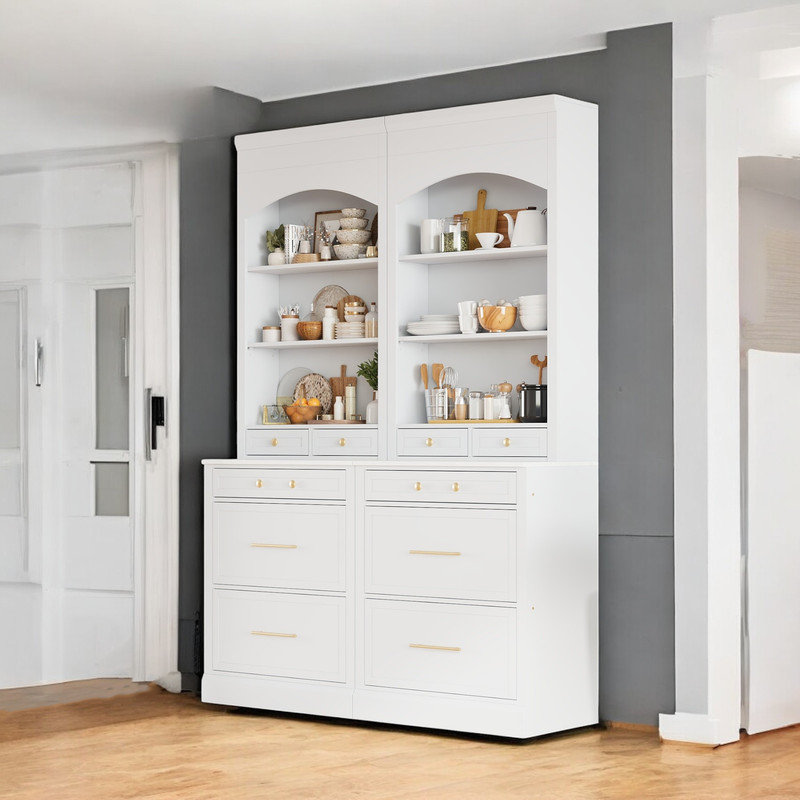 83.8" Kitchen Pantry with Strong Storage(Set of 2), White, Gold