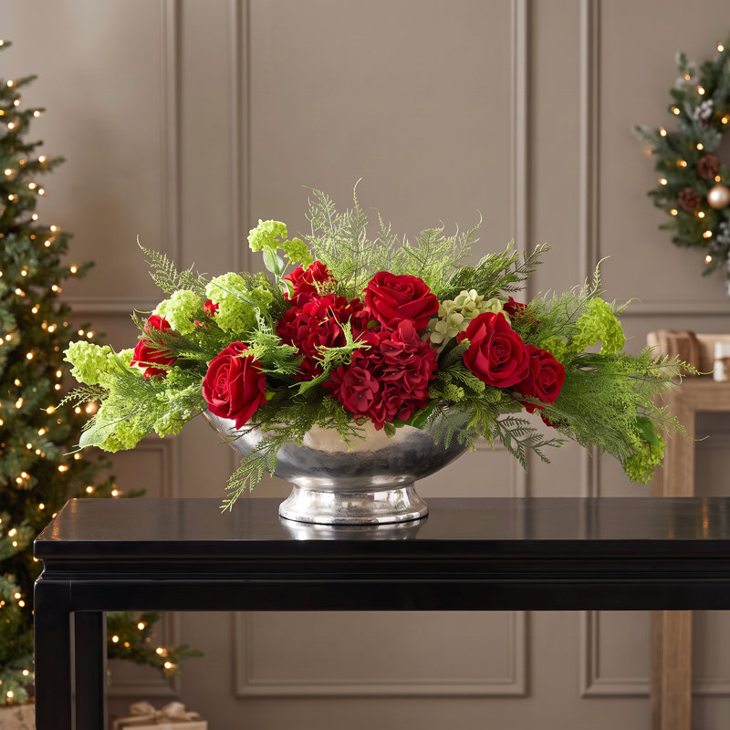 Jana Holiday Centerpiece with Roses and Hydrangeas