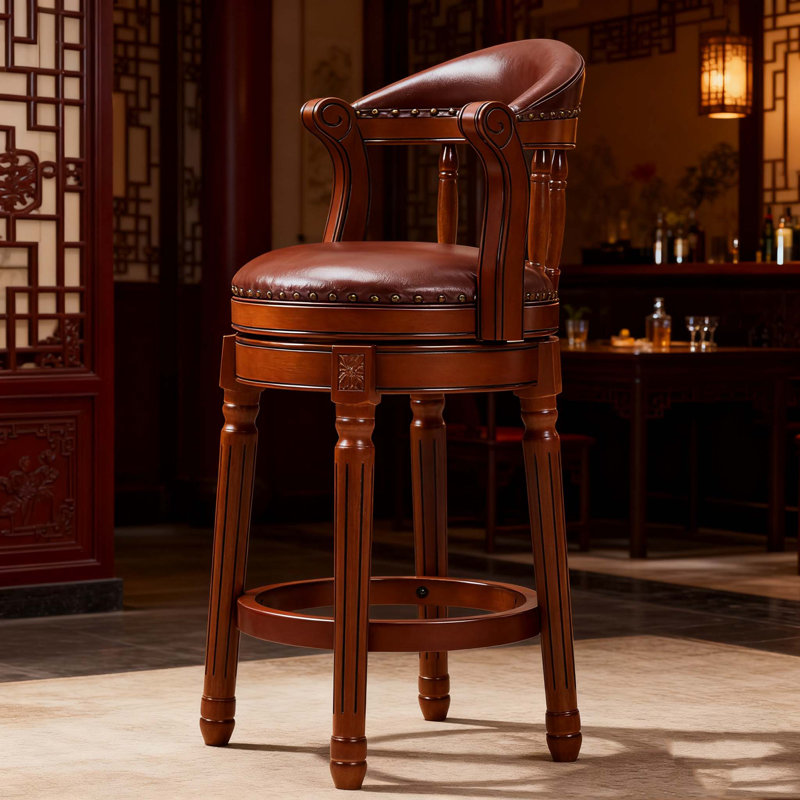 Cow Top Leather Wooden Bar Stools, Brown