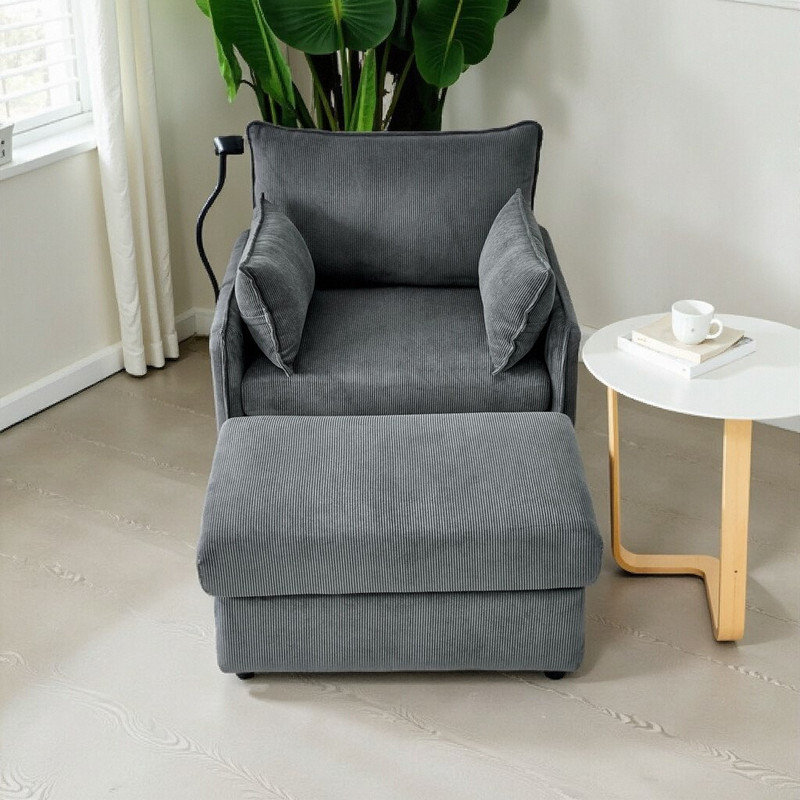 Chaise longue rembourrée 55 po avec repose-pieds Corduroy Upholstery, Gris