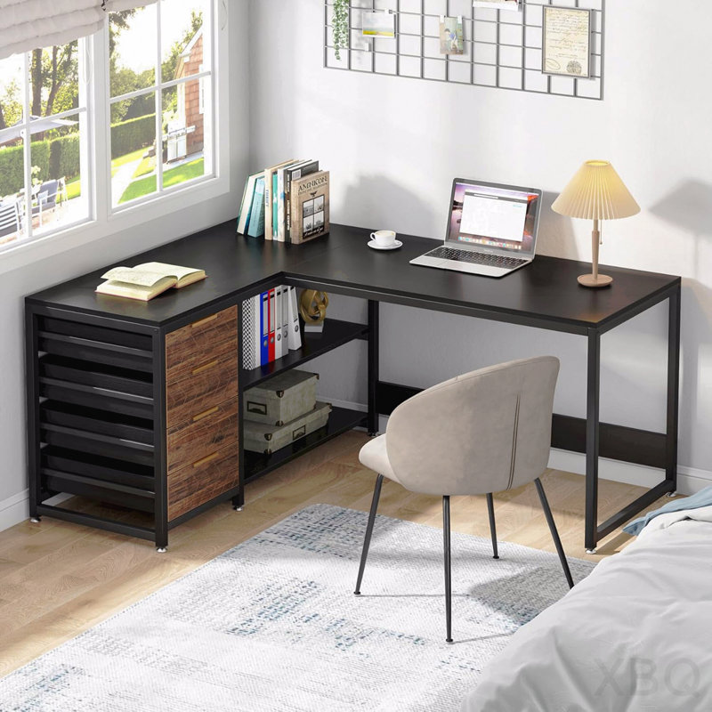 Bureau d'ordinateur réversible en forme de L de 150 cm avec tiroirs, tablettes de rangement et classeurs - Noir