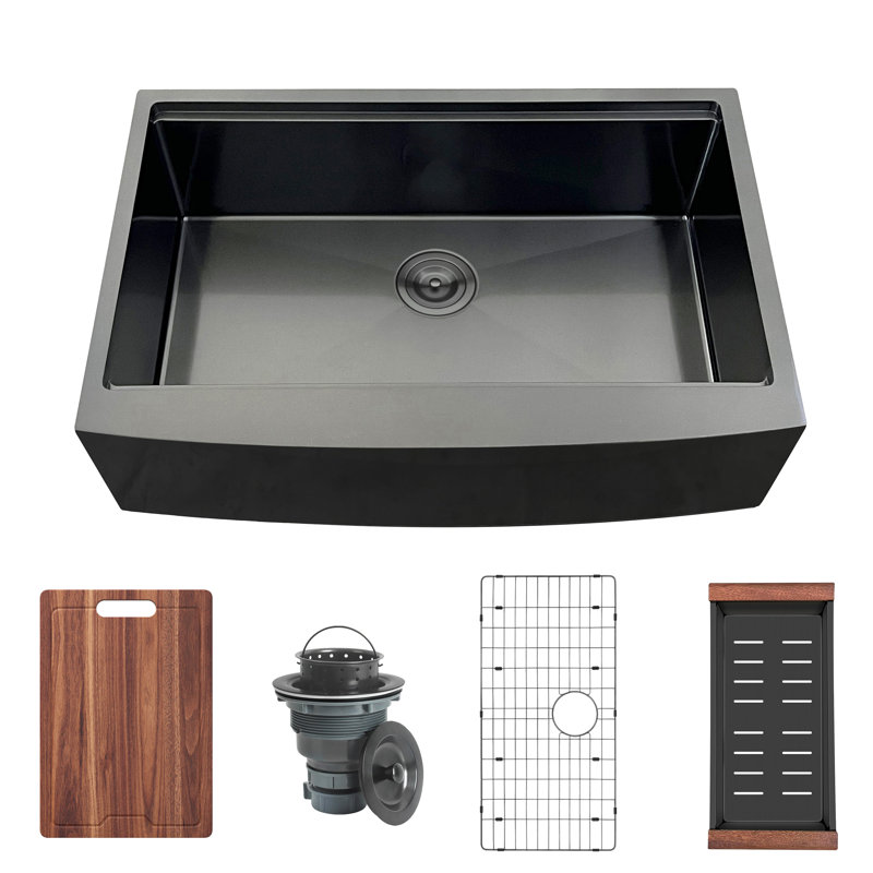 Évier de cuisine de style ferme à tablier avant en acier inoxydable de calibre 16, noir, 91,4 cm x 53,3 cm x 25,4 cm (36 po x 21 po x 10 po)