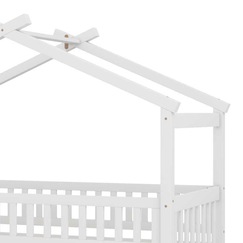 Wooden House Bed with Trundle, Twin, White/Oak
