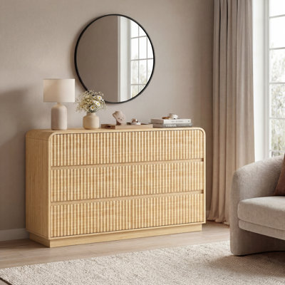 Commode double 6 tiroirs l 47 po avec panneau ondulé en forme de vague, commode en panneau de fibres à densité moyenne pour chambre à coucher, commode de rangement spacieuse pour le salon