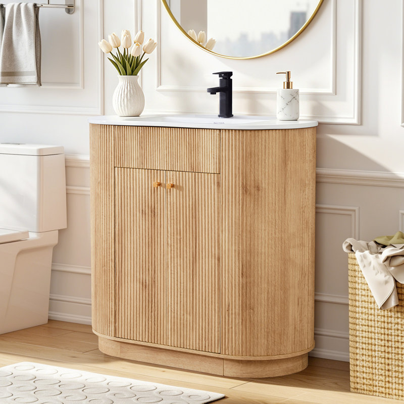 Ensemble de meuble-lavabo simple 35,83 "avec comptoir, robinet et armoire cannelée, Natural