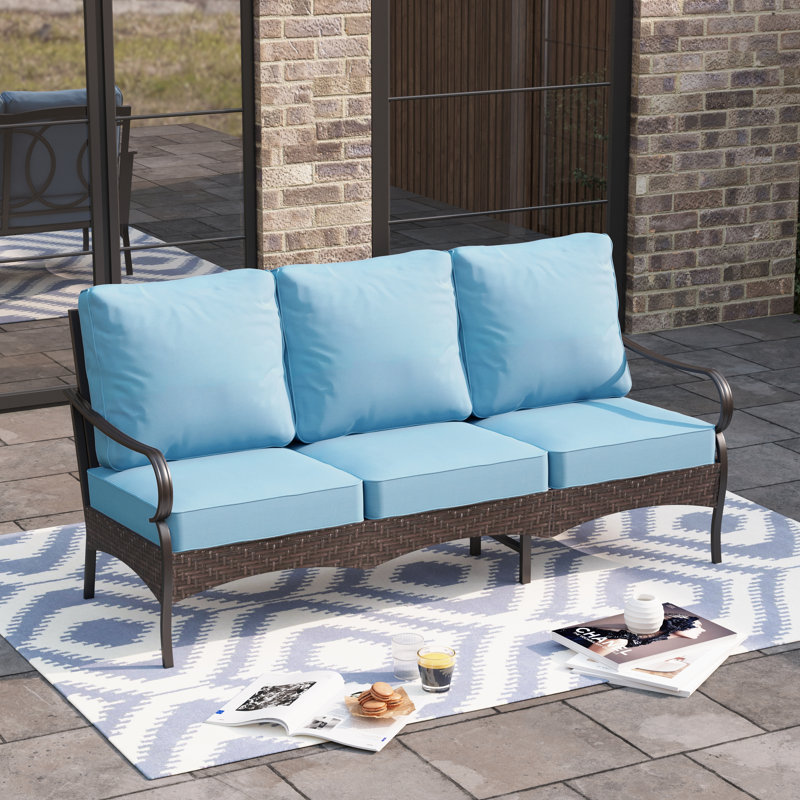 Canapé d'extérieur en métal 76 po avec coussins, Bleu