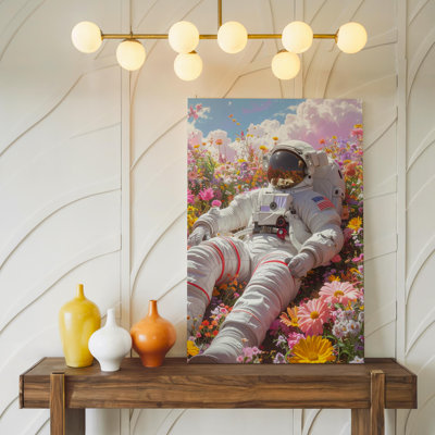 Astronaute dans un champ de fleurs Canvasp Peaceful Space Exploration and Whimsical Serenity, art mural sur toile prêt à accrocher