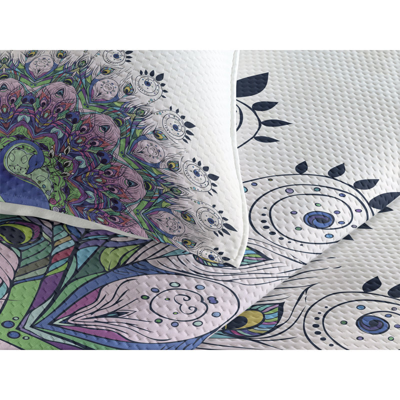 Twin White Quilted Bedspread Set with Peacock Design