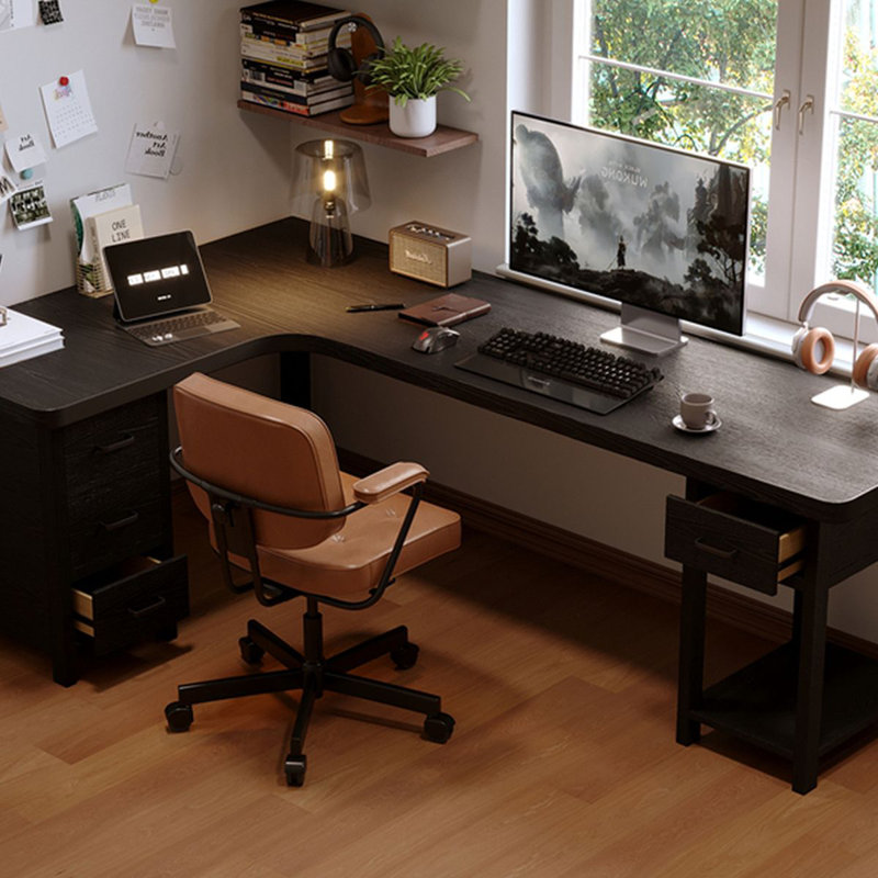 Bureau double caisson en bois massif en L noir avec 4 tiroirs, H 29,53 po x l 78,74 po x P 47,24 po, Retour à gauche