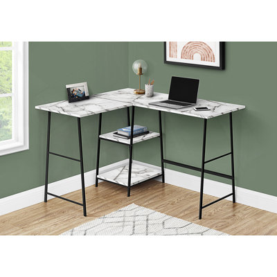 Bureau d'ordinateur de coin en L avec tablettes de rangement pour espaces de travail modernes
