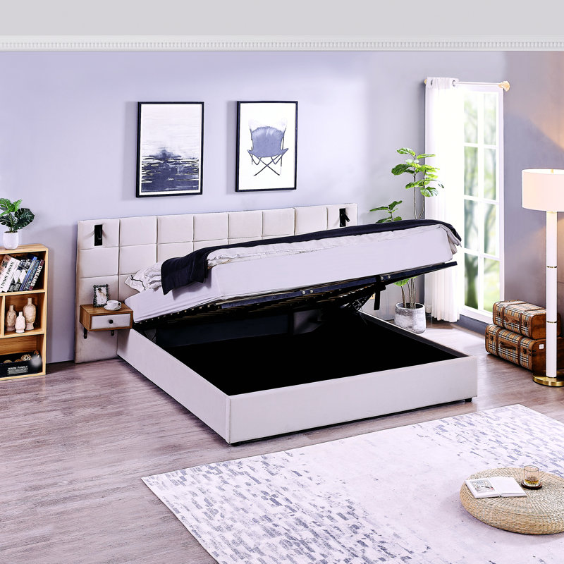 Lit plateforme tapissier hydraulique avec 2 tablettes de rangement, 2 lampes de lecture et port USB, Beige