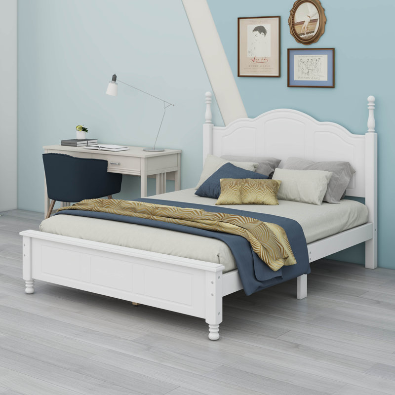 Cadre de lit plateforme en bois, lit plateforme de style rétro avec support de lattes en bois, Blanc, Lit double