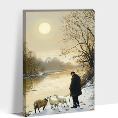 «Winter Shepherd Sheep», art mural, peinture de paysage - impressions pastorales rustiques au bord de la rivière, affiche d'art animalier de ferme pour salon, chambre à coucher, bureau, décoration murale d'hiver, 12 po x 18 po