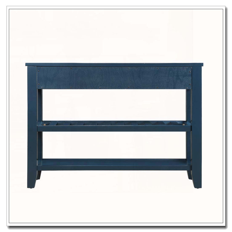 Console Mid-Century avec 2 tiroirs et tablettes ouvertes, Marine