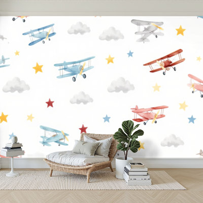 Wall Mural Peel and Stick Wallpaper Cute kids watercolor for boy balloon airplanes Self-Adhesive Removable Contact Paper Wall Decor for Living Room Bedroom 100"H x 144"W