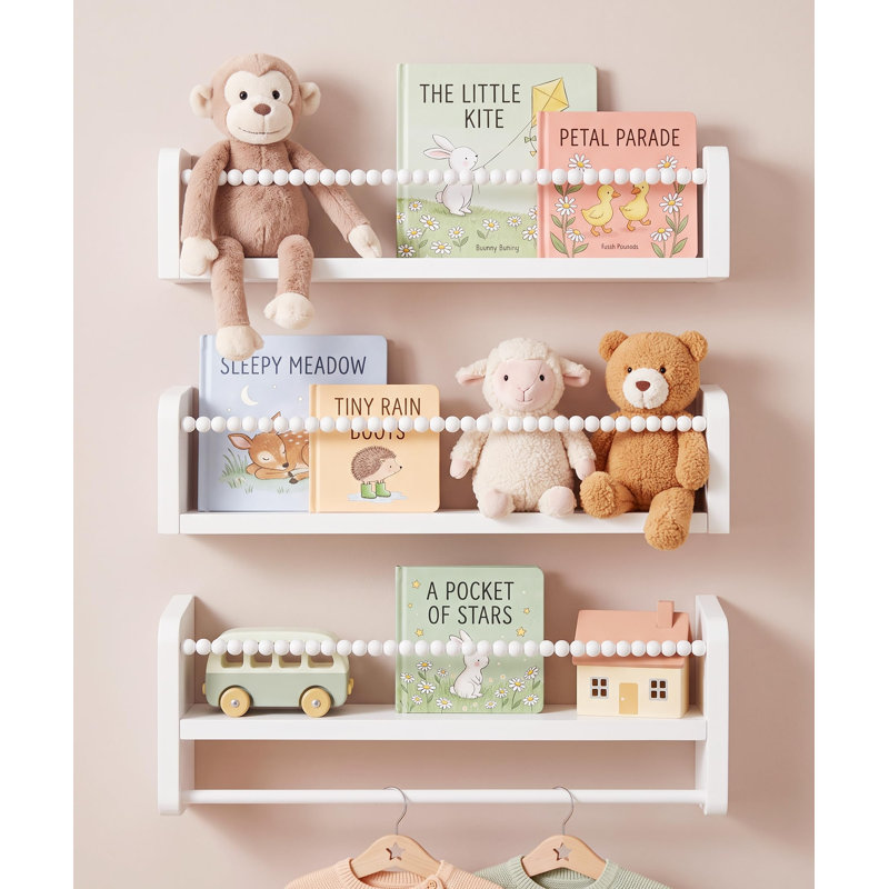 Ensemble de 3 tablettes flottantes blanches de 40 cm (15,8 po) pour chambre d'enfant, étagère murale en pin massif avec traverses avant en moulures de bois