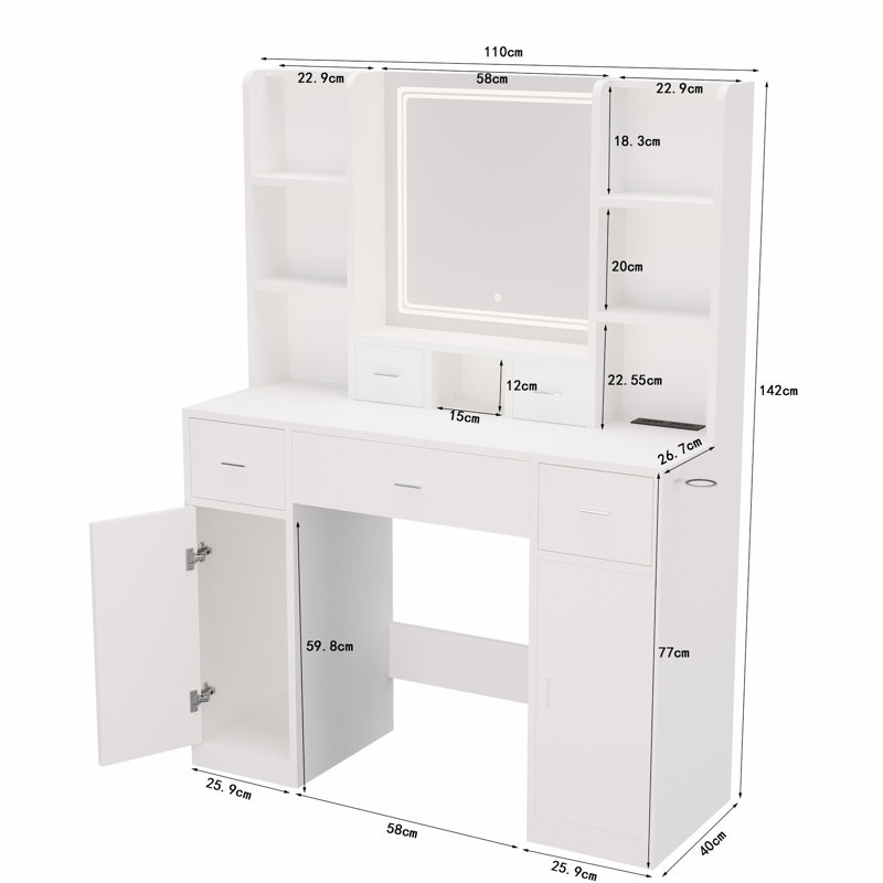 Ensemble de meuble-lavabo de chambre à coucher avec miroir à DEL et quincaillerie - 5 tiroirs, 2 armoires blanches pour une belle scène: armoires réglables