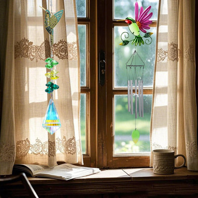 2pcs Wind Chime Decoration, Hummingbird Wind Chimes and Hummingbird with Crystal Sun Catcher