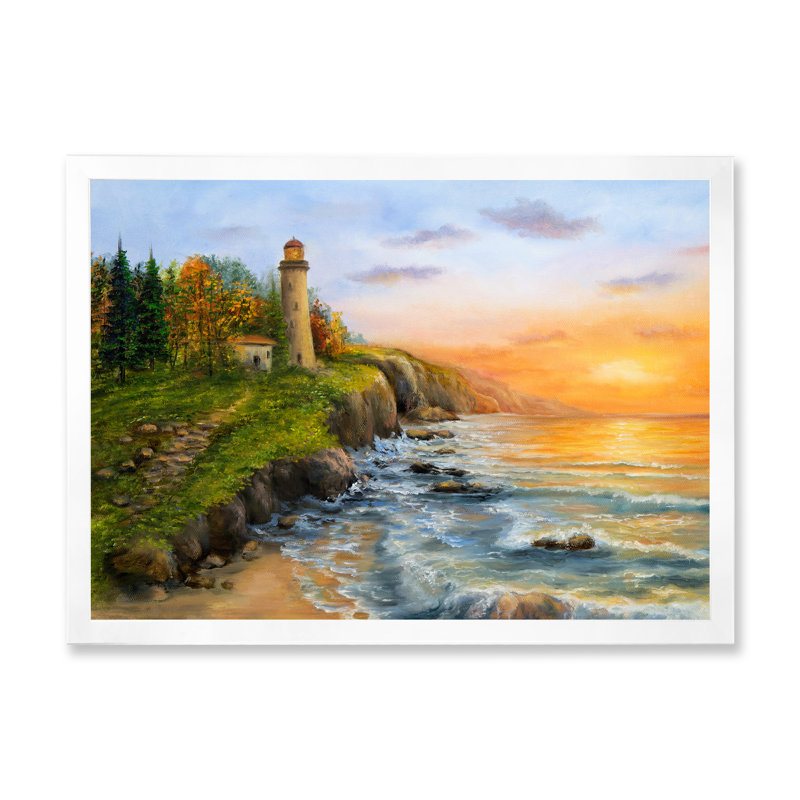 " Lighthouse Cliffs on Ocean Waves " Color Photography Print, 30" H x 40" W x 1.5" D, White Picture Frame