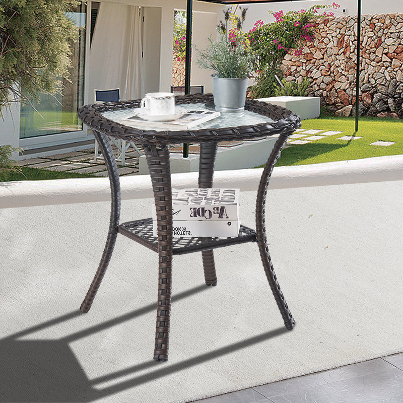 Schutt Wicker Rattan Side Table With Glass Top, Brown