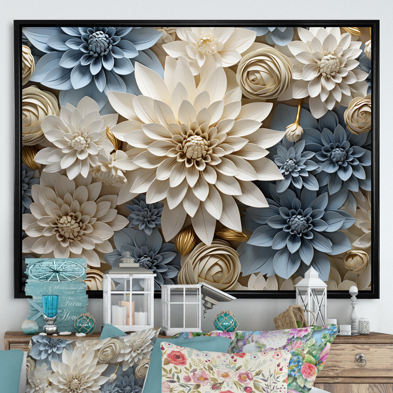 «Simplicity Mums Bloom» en beige et bleu pâle II - Mums, art mural, H 30 po x l 40 po x P 1,5 po, Cadre flottant noir