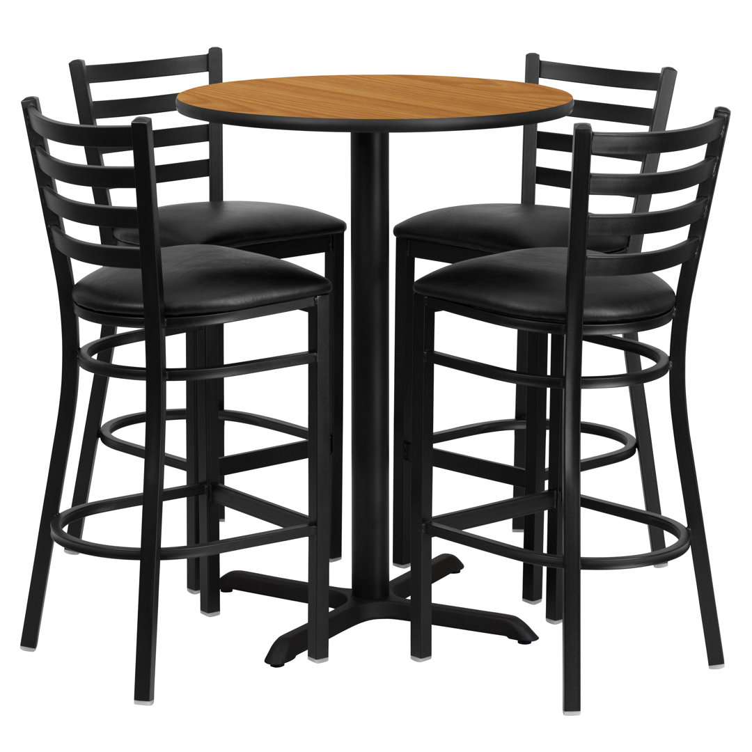 Carlton 30'' Round Laminate Table Set with X-Base and 4 Ladder Back Metal Barstools Flash Furniture Cushion 