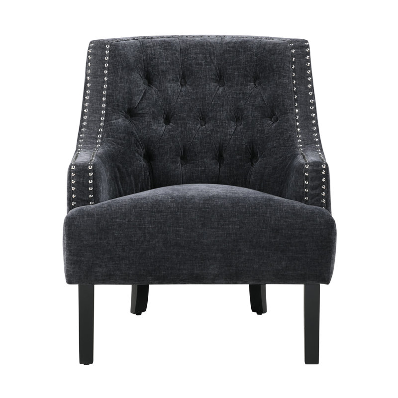 Chaise moderne moderne, revêtement en chenille noire, bouton, bois massif pour chaise avec détails, bois, décoration de salon