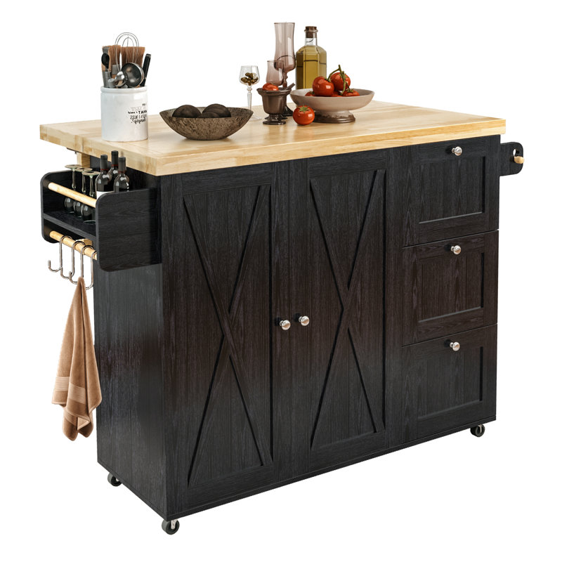 Nacimo Rolling Kitchen Island Cart With Rubberwood Drop-Leaf Countertop, Black