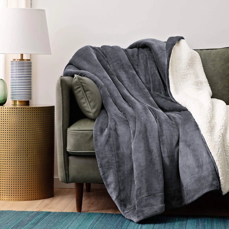Super Soft Sherpa Fleece Fur Thick Dual Sided Flannel Reversible Blanket Throw, Grey, King 200cm x 240cm