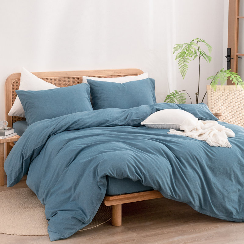 BESTOUCH Duvet Cover Set 100% Washed Cotton Linen Feel Lightweight, Full Duvet Cover + 2 Standard Pillowcases, Dark Blue