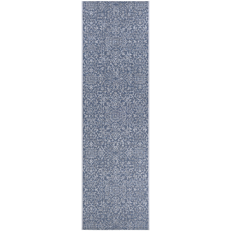Kraatz Floral Navy Blue Ivory Indoor Outdoor Area Rug, Runner 2'3" x 7'10"