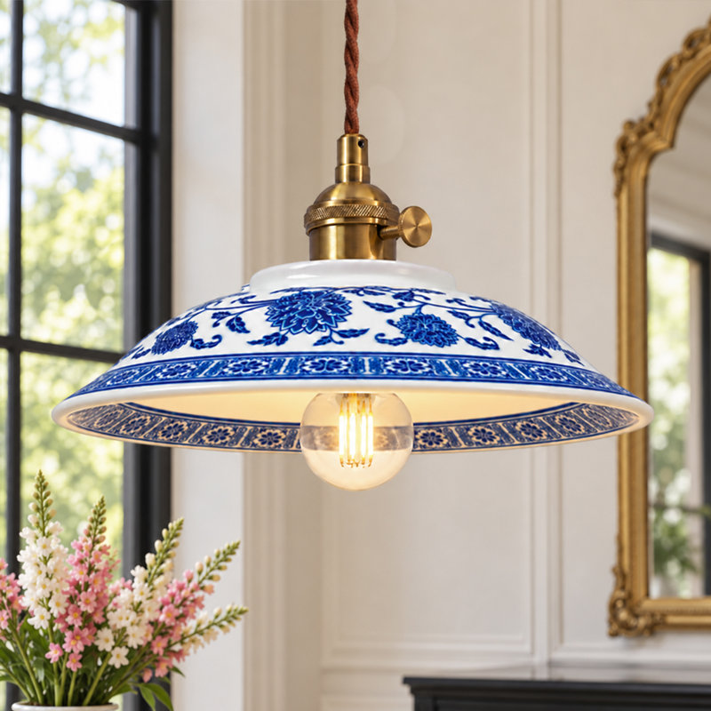 Suspension en céramique vintage bleue et blanche à motif floral (1 lumière)