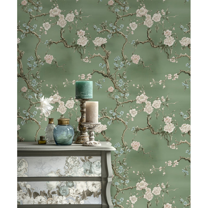Rouleau de papier peint à motif floral chinois sur fond vert