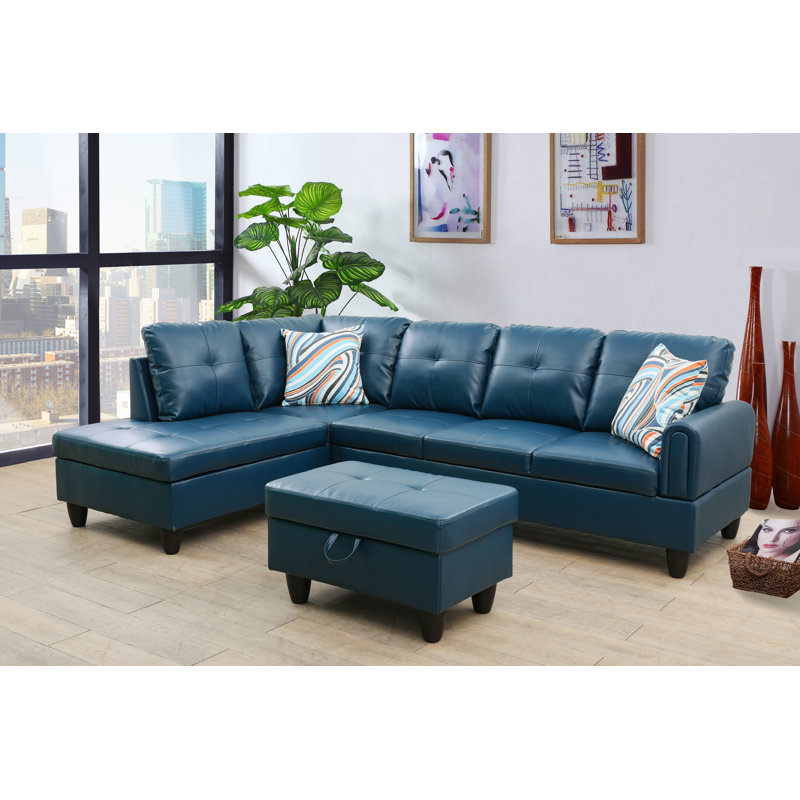 L shaped Upholstered Sectional Left Hand Facing Sofa, Navy Blue Polyester Blend, Left Hand Facing