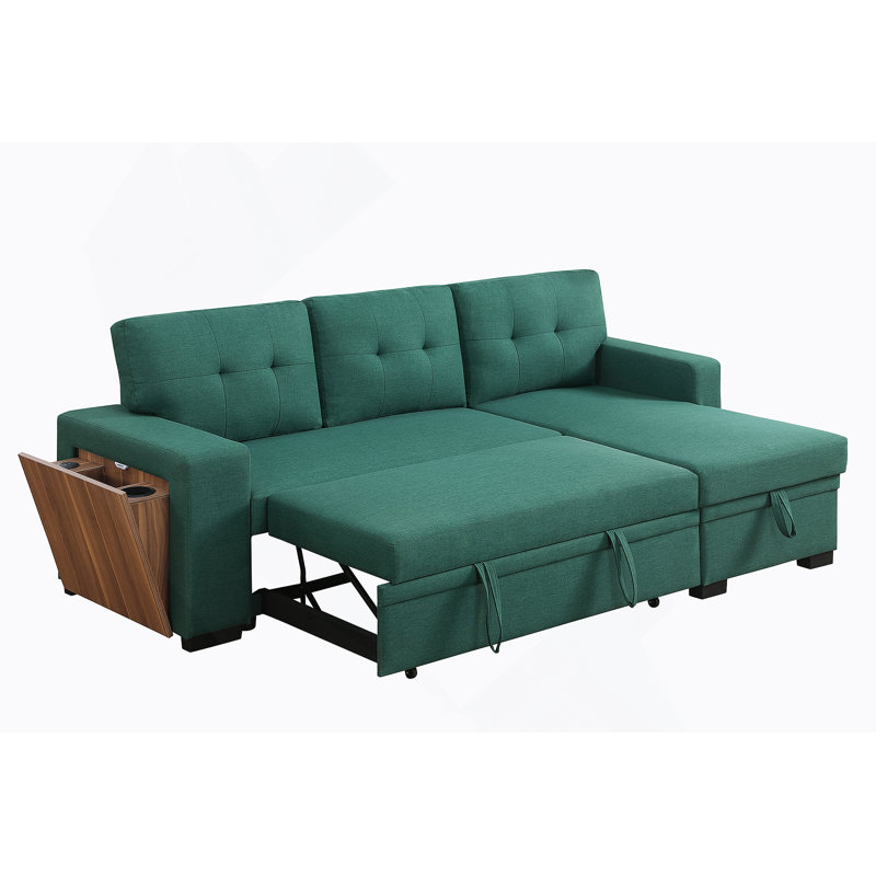 Canapé en forme de L vert avec décorations en bois, design convertible et rangement pour plus de confort et de rangement