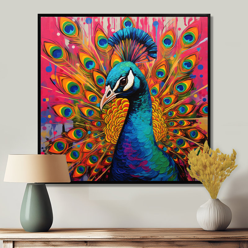Bleu sarcelle, Pop Art, paon - paon, art mural sur toile, 44" H x 44" W, Cadre flottant noir