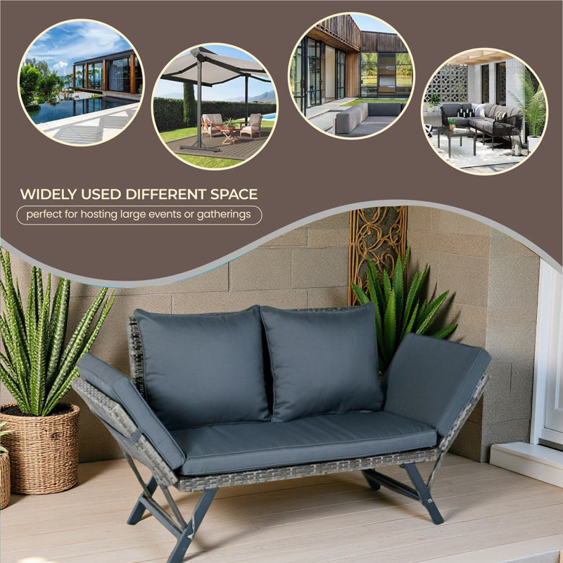 1 PCS Patio Wicker Side Foldable Bench Patio Backyard Conversation Bench Grey Wicker + Dark Grey Cushion