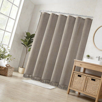 Linen Blend Shower Curtain With Tassels, Thick Heavy-Duty Fabric For Bathroom, Rustic Farmhouse And Boho Decor