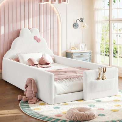 Lit de sol rembourré une place, lit bas, lit d'enfant rembourré et confortable, cadre de lit sécurisé avec poche de rangement latérale.