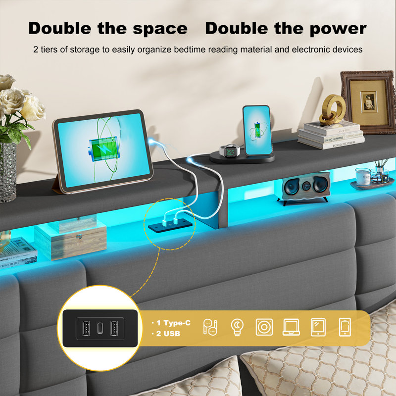 Upholstered Bed With Storage Shelf & Led Lights & Charge Station	, King, Gray